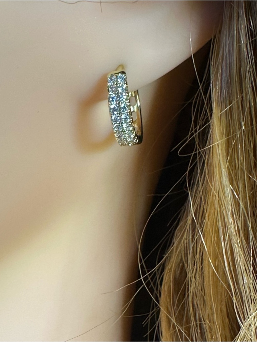 Gold Tone CZ Huggie Hoop Earrings 15.5mm Double Row Everyday Minimalist NWOT